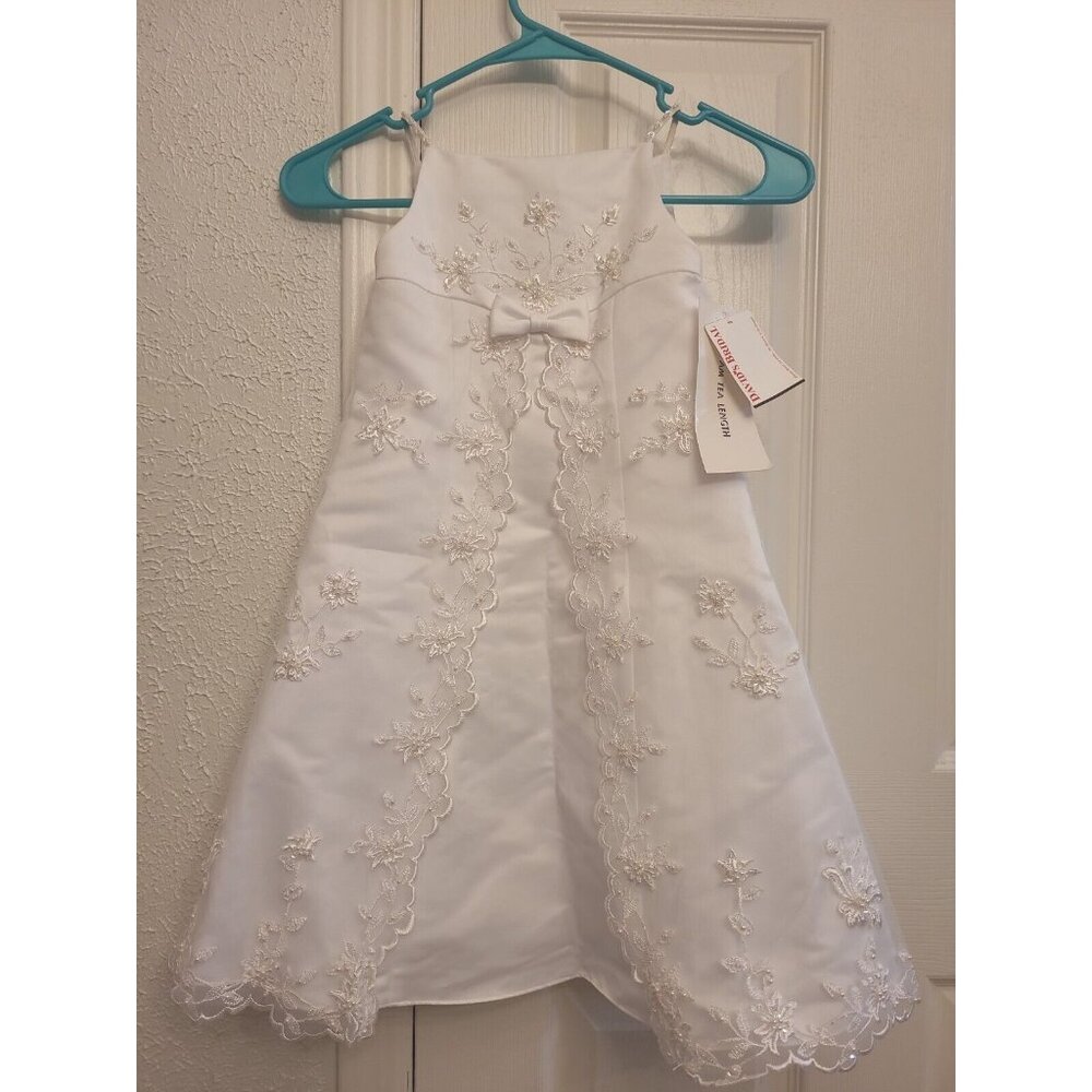David's Bridal White Floral Appliqué Flower Girl Dress